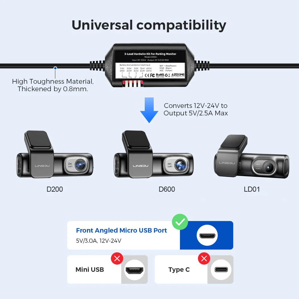 車のdvrハードワイヤー,lingdu d200,d600,ld01,低容量保護,マイクロUSBポート,acc電源ケーブル,12v-24v,5v,2.5a出力,jyx04用キット