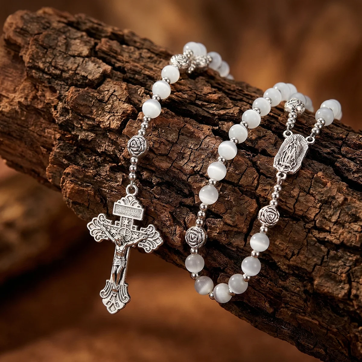 Rosario Católico de Piedra Natural Ojo de Gato Blanco con Colgante de Cruz de la Virgen María, Collar para Mujeres y Hombres, Regalo de Joyería