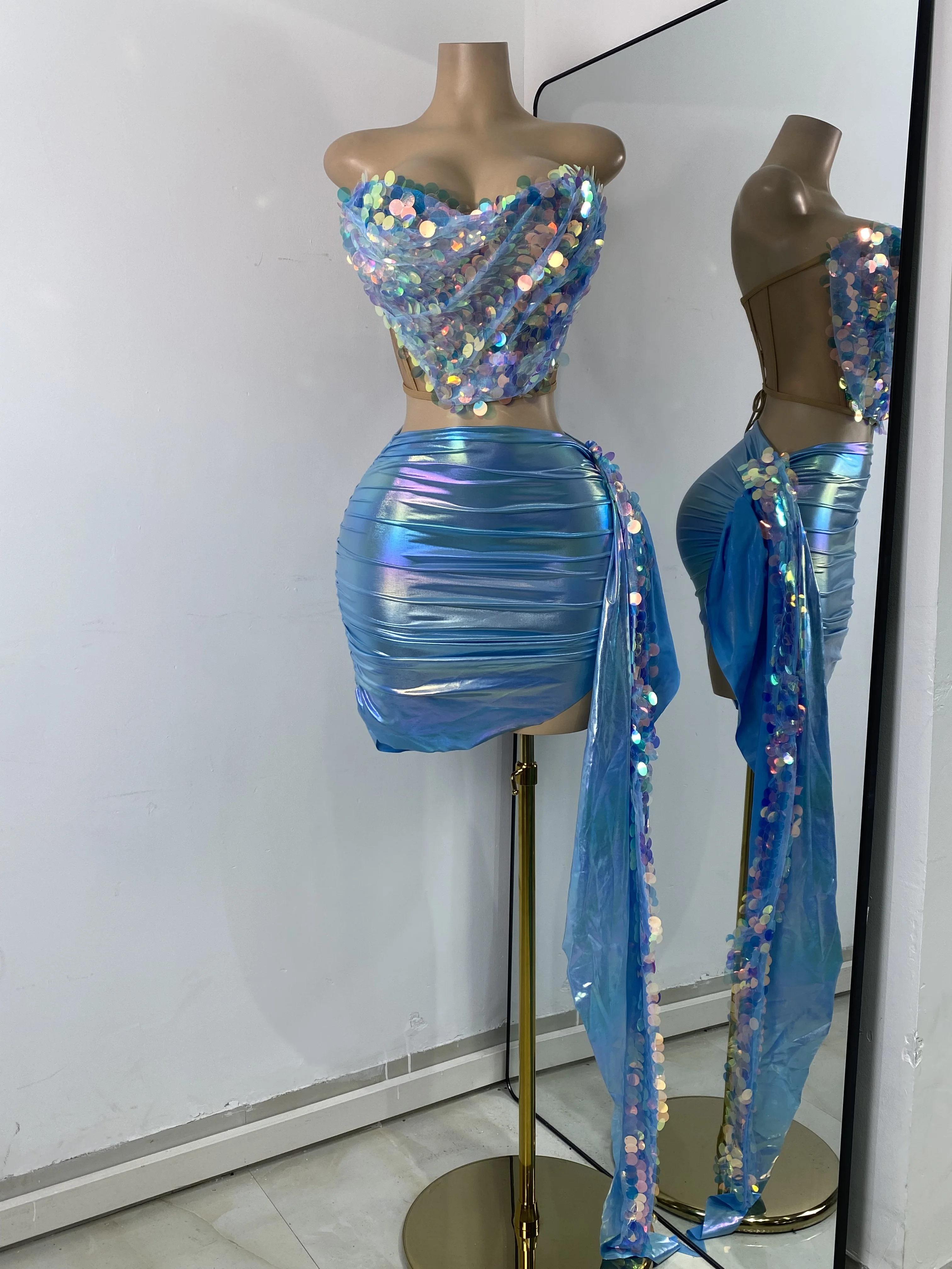 Conjunto de dos piezas de lentejuelas brillantes, disfraz de actuación de bailarina y cantante, club nocturno, Bar, vestido de fiesta de noche, diseño de falda superior para escenario
