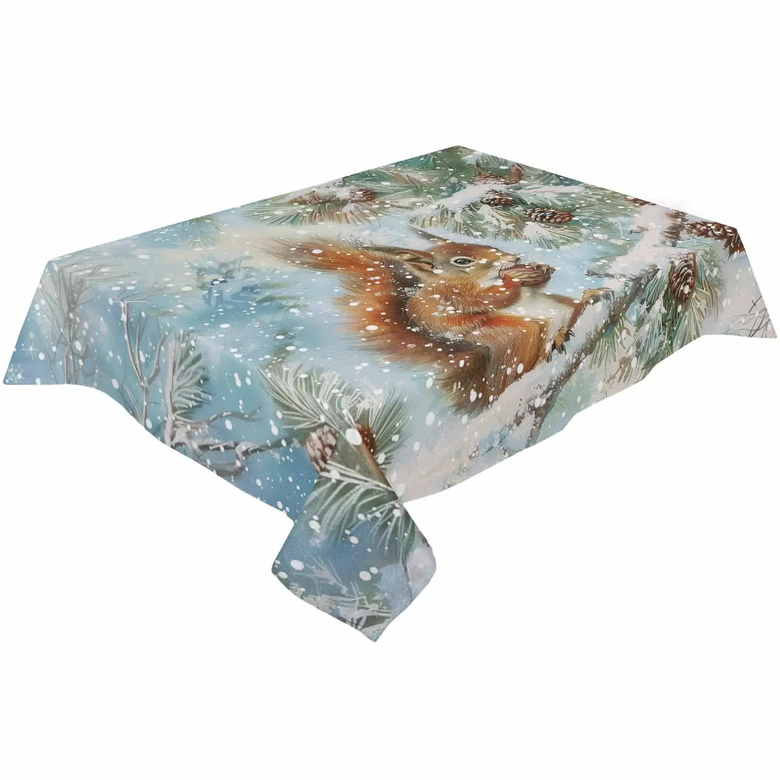 Christmas Winter Squirrel Snowflake Pine Tree Tablecloth Waterproof Dining Table Rectangular Round Table Cover Kitchen Decor