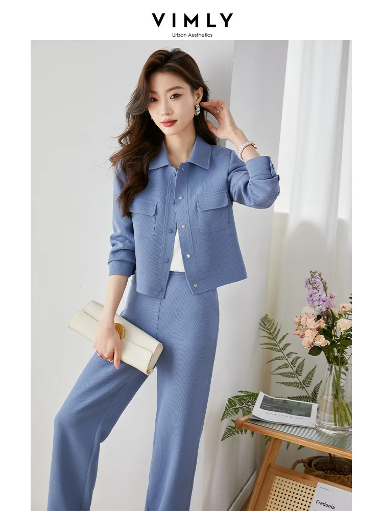 Vimly Pant Sets para Mulheres Moda Chic 2023 Primavera New Two Piece Set para Mulheres Azul Manga Longa Turndown Collar Lady\'s Tricksuit