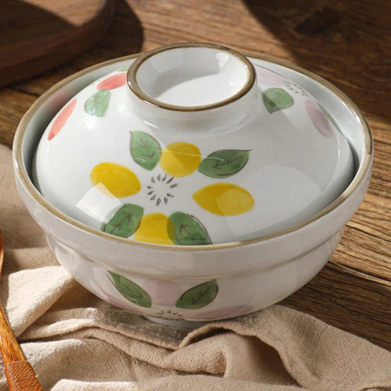 Japanese Style Ceramic Dessert Stew Pot, Creative Noodle Soup Ramen Bowl, Household Rice Bowl with Lid, Dinnerware Set, 6 