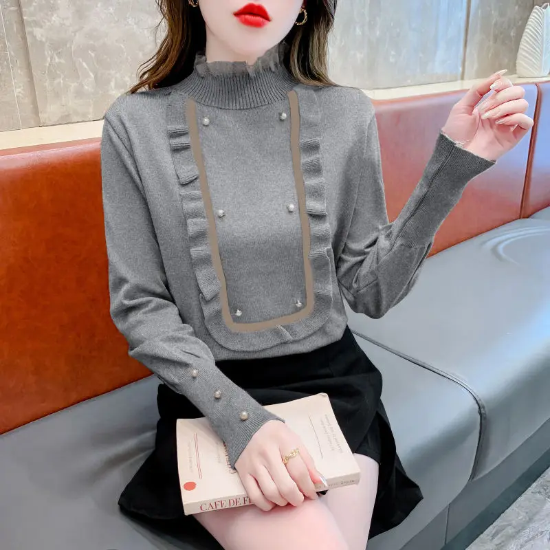 New Women Fashion Ruffle Beaded Chic Elegant Basic Knitted Sweater Autumn Winter Half High Collar Long Sleeve Slim Pullover Tops