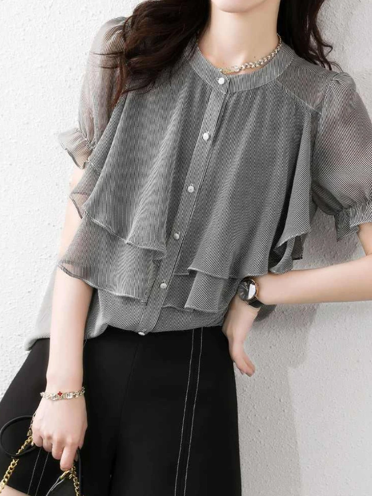 مخطط قمصان النساء لطيف الكشكشة الراحة عادية أنيقة مكتب السيدات س الرقبة العصرية الرجعية كل مباراة بسيطة الكورية نمط الحلو