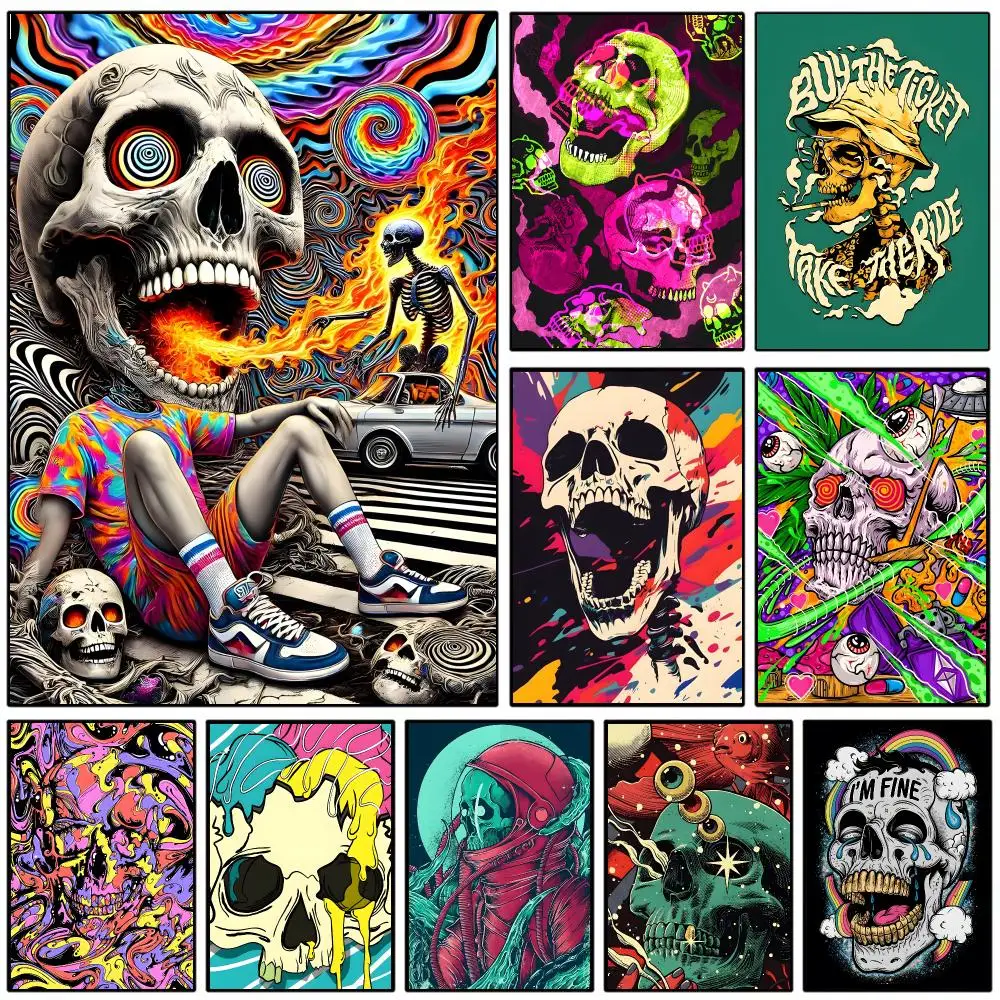 Trippy Skeleton Abstract Psychedelic Mushroom Poster Self-adhesive Art Waterproof Paper Sticker Coffee House Wall Decor