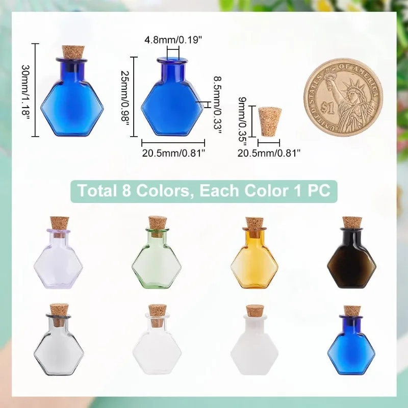 8pcs Mini Colored Glass Bottles Tiny Spell Jars Hexagon Potion Bottles Wishing Bottle Vials with Corks Drifting Bottle Glass