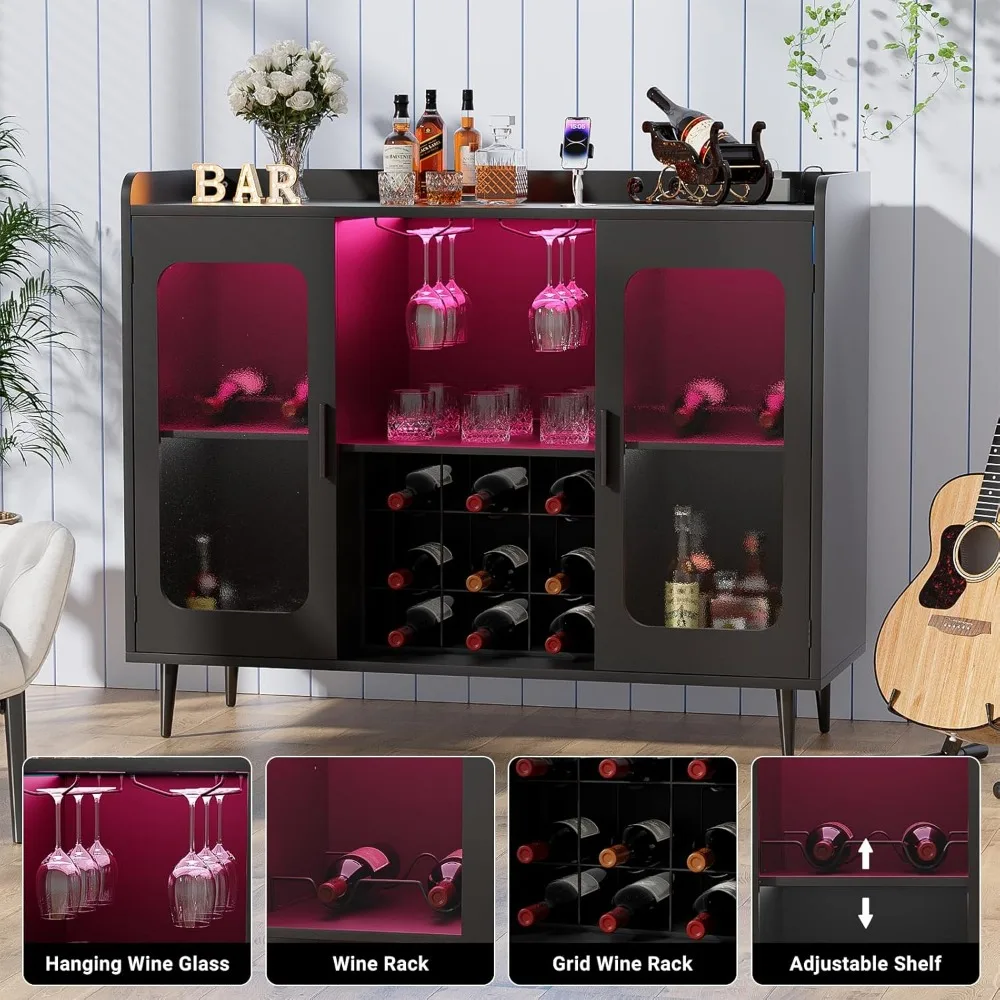 Barra de armário de bebidas com tomada de energia e luz LED, armário de bar de vinho com rack de vinho e copos, armário de bar de café doméstico