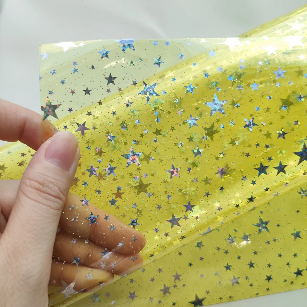 Ranbow Star Jelly Clear PVC Fabric Faux Leather Vinyl Film for Sewing Bag Bow Earrings DIY Material 0.3MM Leatherette 30*135CM