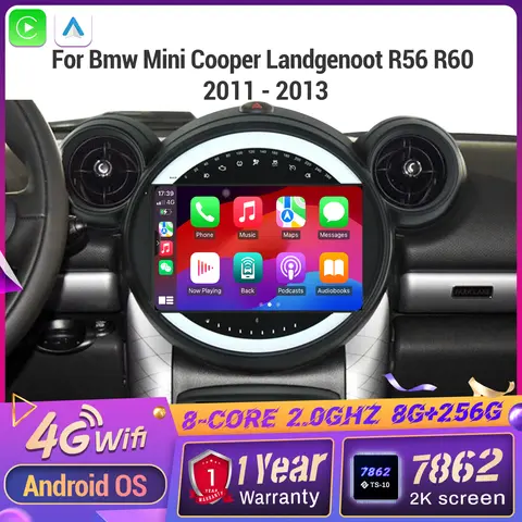 안드로이드 14 라디오 카 멀티미디어 플레이어 터치 2K QLED 스크린 BMW 미니 쿠퍼 랜드로버 R56 R60 2011-2013 무선 카플레이 지원