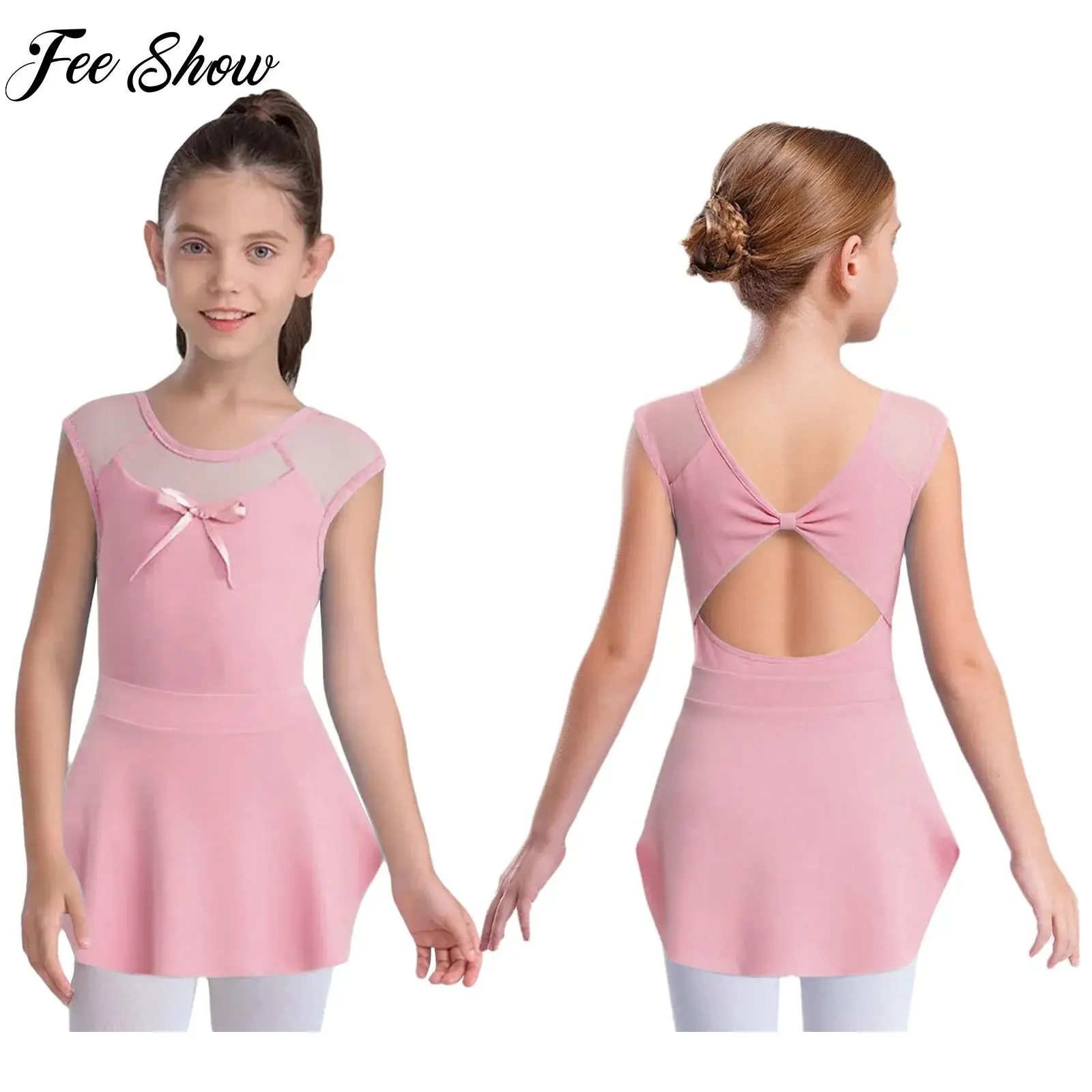 

Kids Ballet Dance Gymnastics Outfit for Girls Performance Sets Sleeveless Sheer Mesh Bow with Skirts Teens Skating Dance Clothes