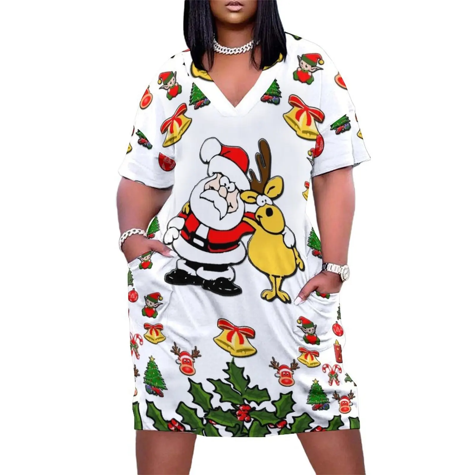 Christmas Santa Claus and Reindeer Loose Pocket Dress dresses for womens Woman fashion