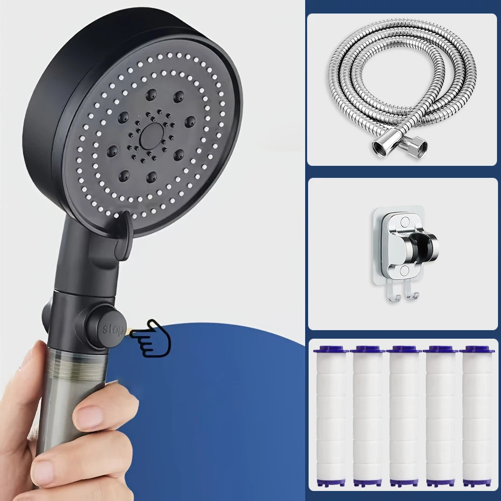 Neuer Duschkopf mit Handbrause und Filter, 5 Funktionen, Hochdruck-Wasserspar-Regenduschkopf mit integriertem Filter und Ein-/Ausschalter, Badezimmerzubehör, mit 1,5 m Schlauch und Halterung
