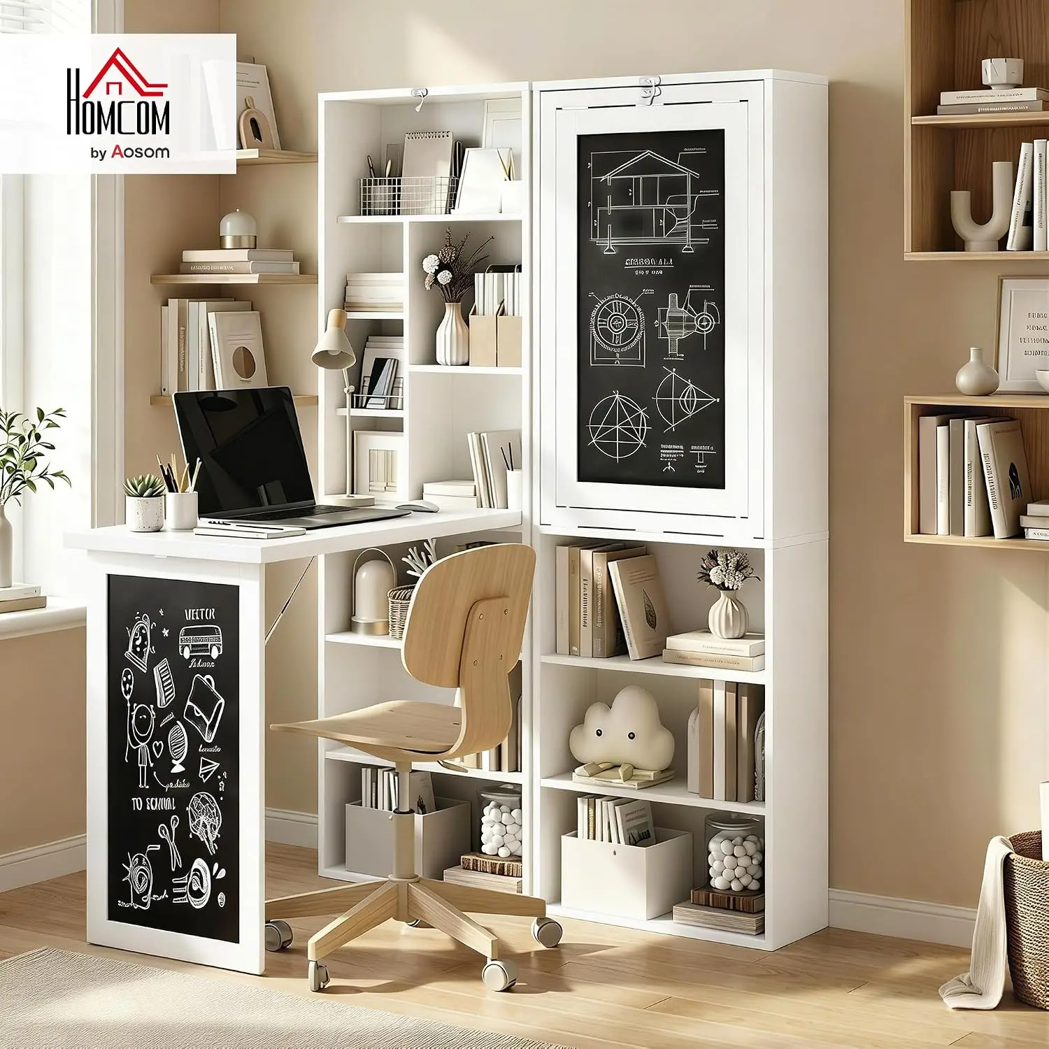 Foldable Convertible Writing Table, Wall Mounted Space-Saving Computer Desk with Chalkboard and Storage Shelves for Small