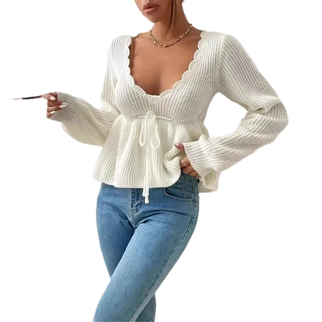 Women's Sweater Dress V Neck Lantern Sleeve Loose Fit Solid Color Short Length Ruffle Hem Drawstring Street Style Winter