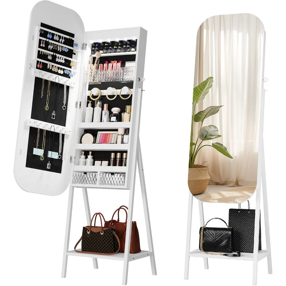 

6 LEDS Mirror Jewelry Cabinet - Wall or Door Mounted Jewelry Armoire Organizer - Hanging Mirror Tall Lockable Large Capacity