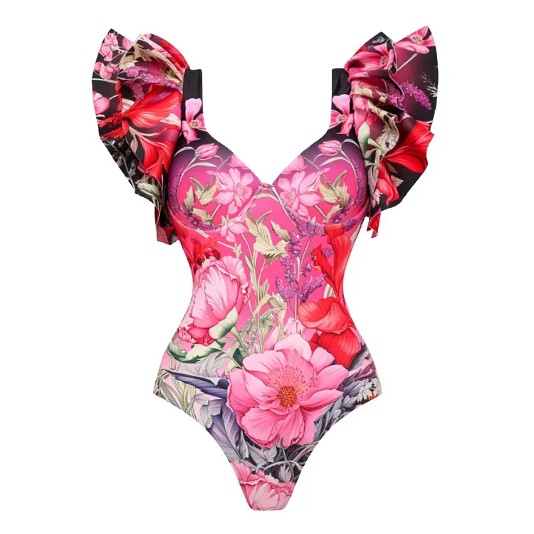 2024 Women Swimwear Ruffled Blooming Flowers Print One Piece Swimsuit and Skirt  Beachwear bikini Two piece Bathing Suit