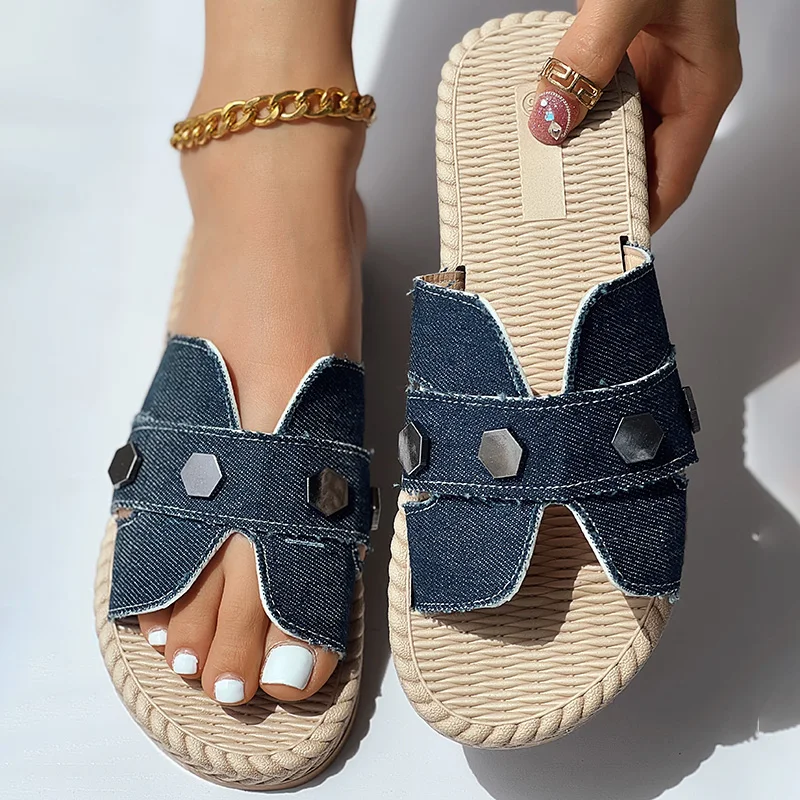 

Fashion Flat Round Toe Going Out Women's Shoes Beach Daily Vacation Quilted Toe Post Denim Summer Beach Flip Flops Sandals