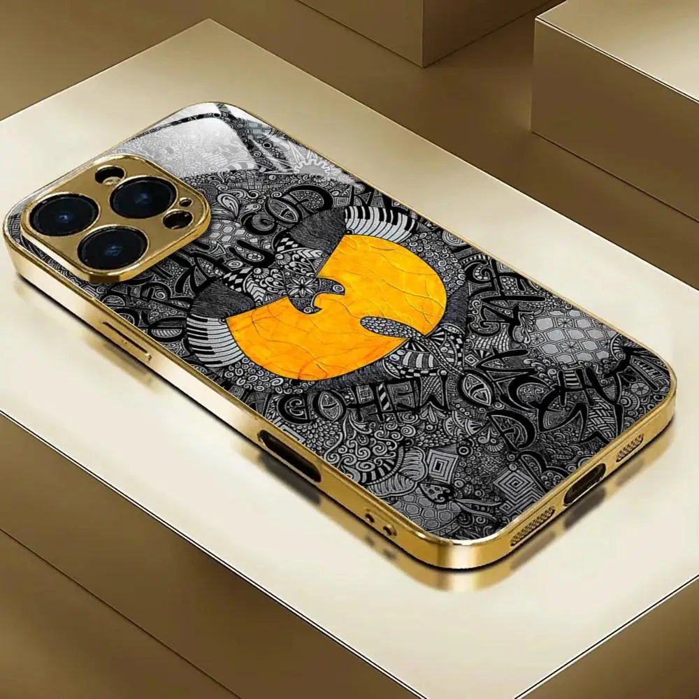 W-WU-T-TANG CLANs Phone Case For iphone 17 AIR 16 15 14 13 12 Pro Plus Max gold Electroplated glass Case