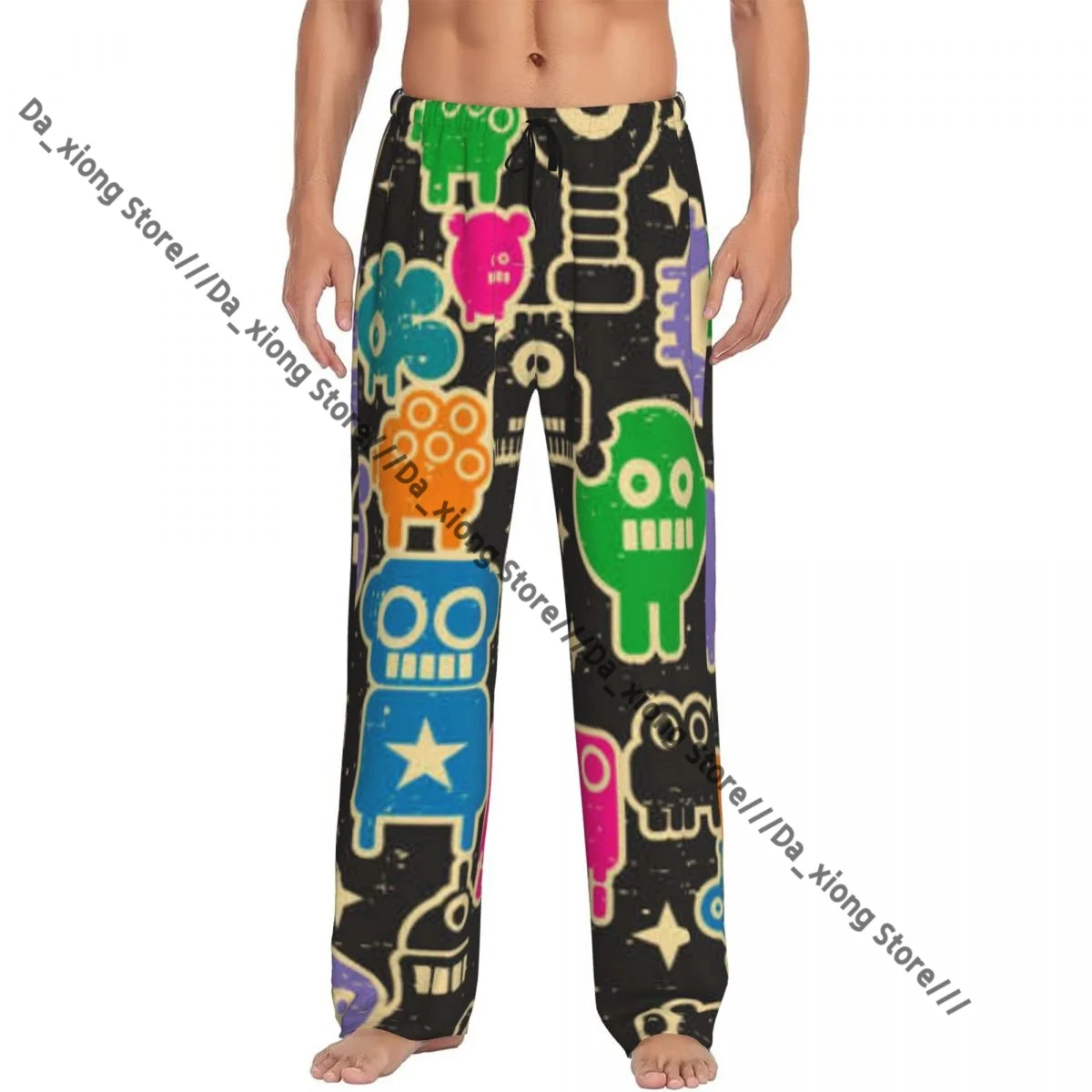 Men's Casual Pajama Sleeping Pants Robots And Monsters Retro Pixel Style Lounge Loose Trousers Comfortable Nightwear