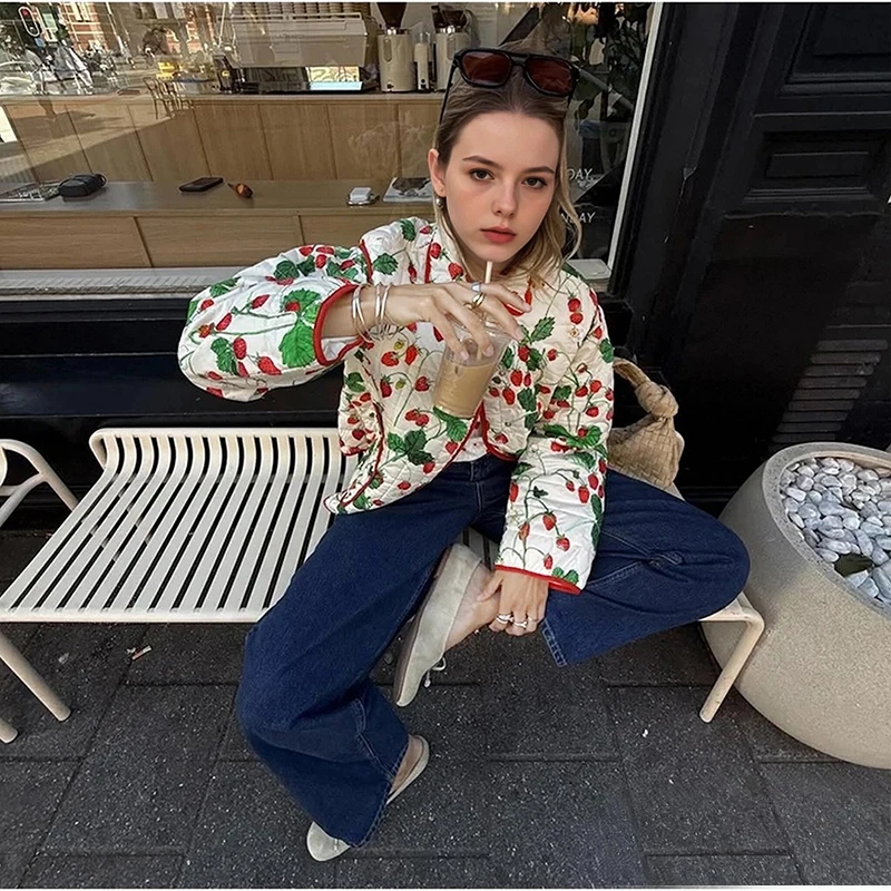 

Casual Printed Cotton Coat Woman Retro Loose Single Breasted Pocket Long Sleeves Jackets Autumn Winter 2025 New Chic Sweet Coats
