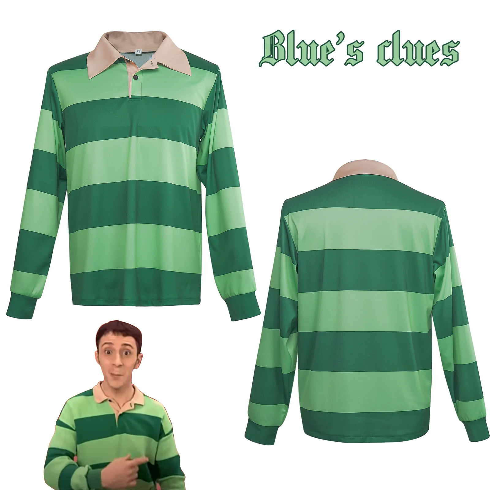 Steve Cosplay Green Striped Polo Shirt Men Casual Fancy Long Sleeve Tops Novelty T-Shirts Halloween Carnival Party Streetwear