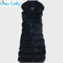 Women Winter Sleeveless Fur Vest Coat With Hooded Luxury Long Faux Fox Fur Vest Furry Slim Woman Fake Fur Vest