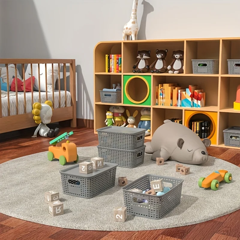 سلال تخزين بلاستيكية حديثة مع غطاء مكدس، متعددة الأغراض لحاوية تنظيم المكتب وغرفة النوم والفصول الدراسية