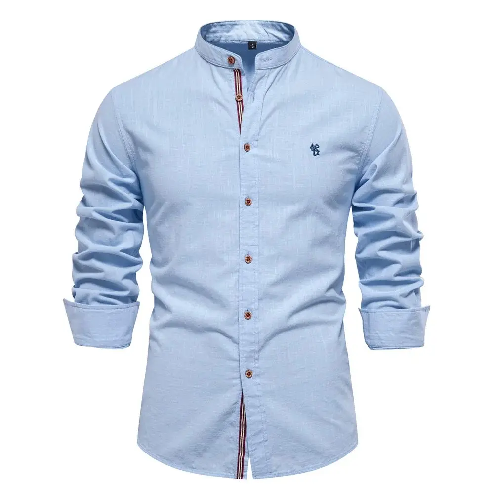 New 100% Cotton Linen Men's Shirt Color Embroidery Brand Autumn Season Special Wide Fit Fleece Lined  Collar Nine Sleeve