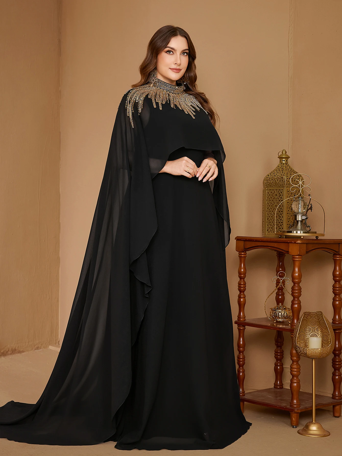 UNITHORSE Plus Women's Stand Collar Cape Sleeve Sequin Patchwork Slim-Fitting Chiffon Evening Dress
