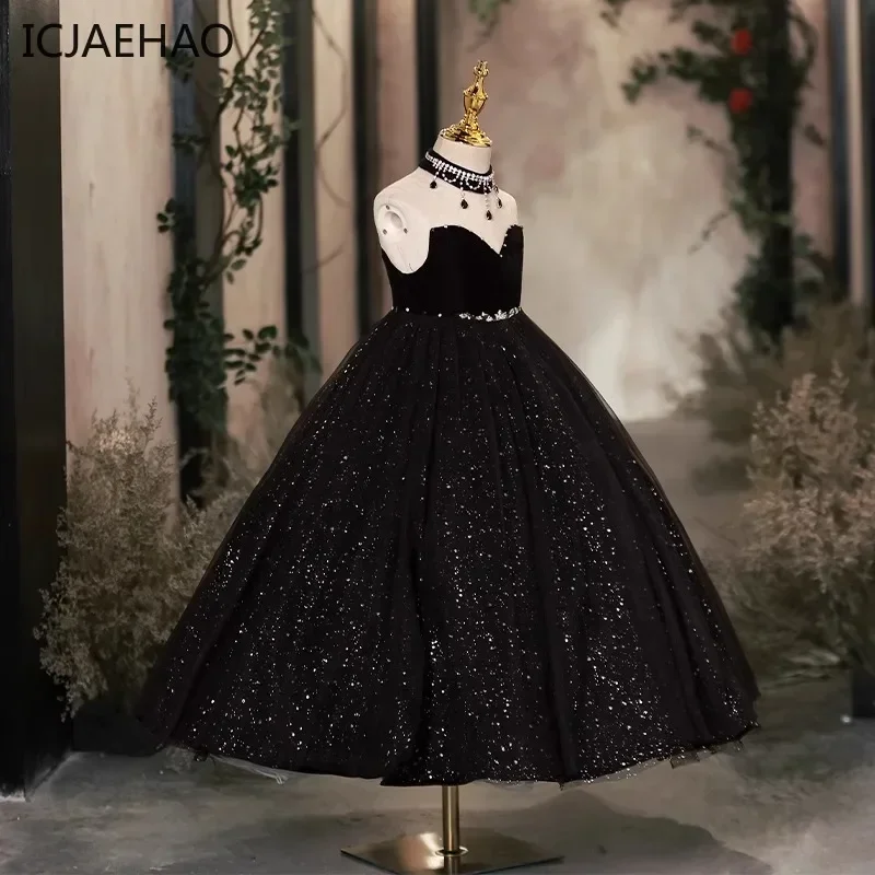 ICJAEHAO 2025 GirlsClothes Sleeveless Black Gala Costume for Children Noble Fashion Evening Long Dress Elegant Party Sequin