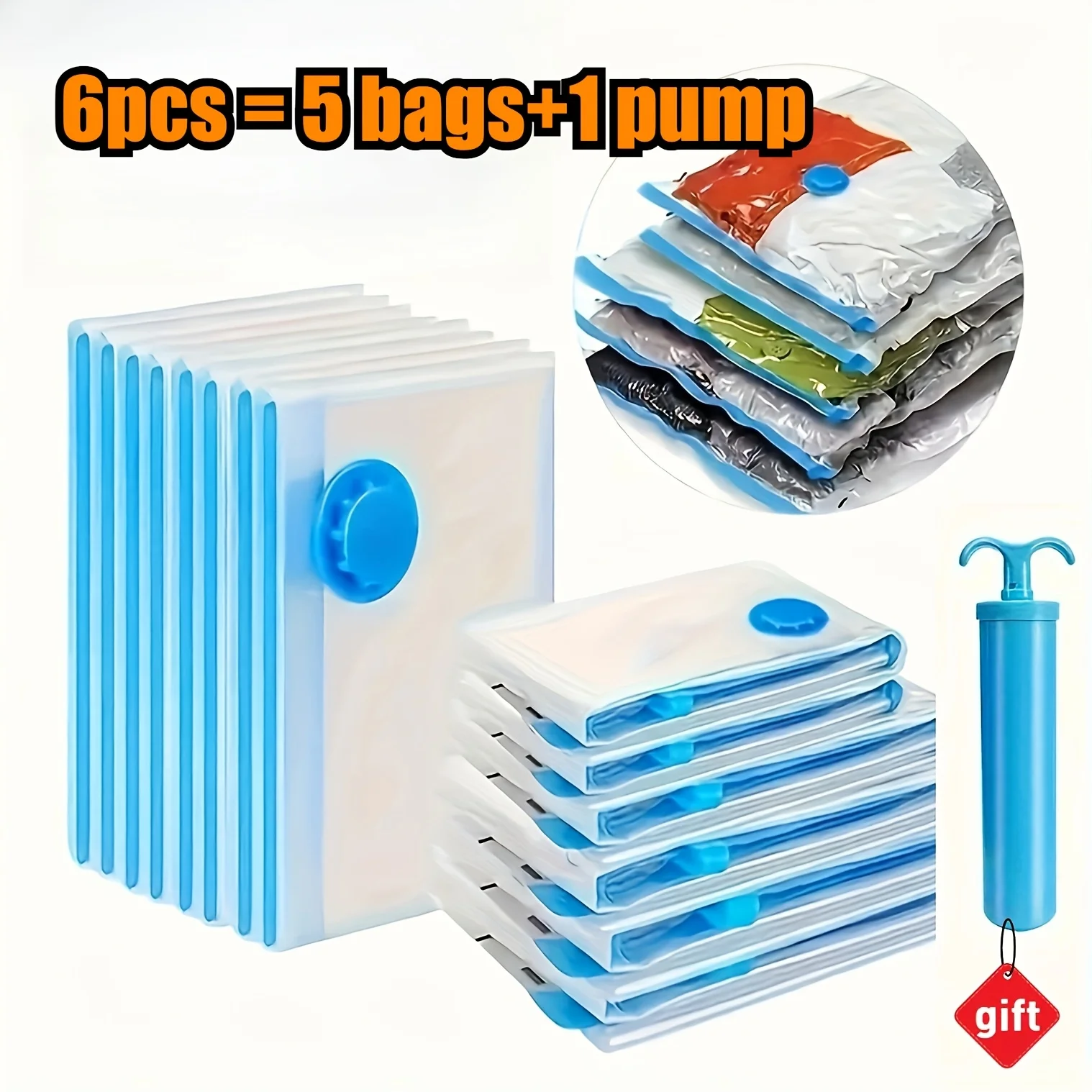 6 Stück Vakuum-Aufbewahrungsbeutel mit Handpumpe, platzsparend für Kleidung, Decken, Bettwäsche, Quilts, Reisen, Haushaltsorganisation