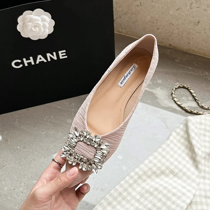 Luxury Striped Fabric Flats Women Sparkle Stone Shoes Ladies Ballets Pointed Toe Office Dress Loafers Woman Brides Wedding Shoes