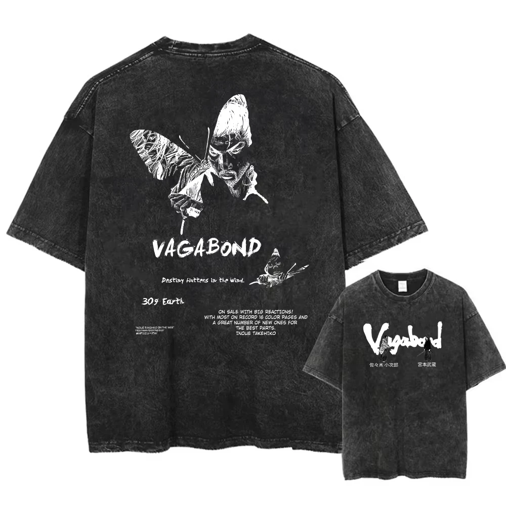 Vagabond Miyamoto Musashi Anime T‑Shirt Vintage Washed Cotton Harajuku Unisex Oversized Short Sleeve Streetwear Fashion Tees
