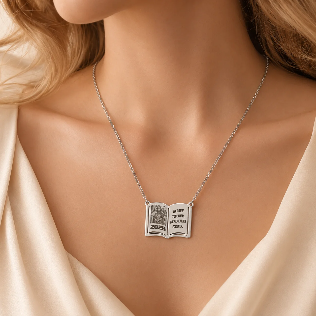 Stainless Steel Book-Shaped Pendant Necklace Customizable Graduation Gift with Personalized Pictures Names times Sui