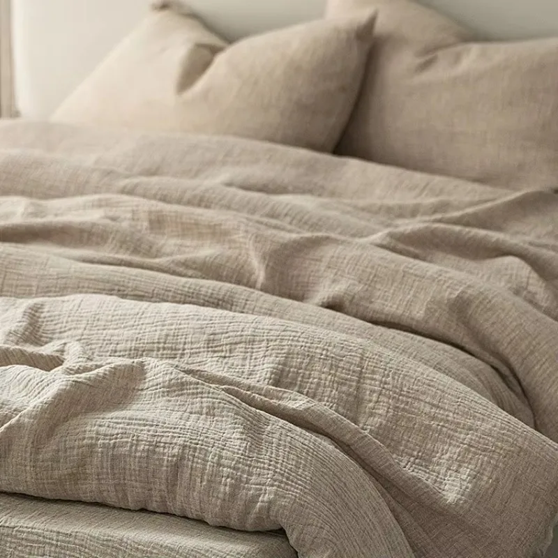Fabric innovation Plain color cotton and linen double-layer yarn Sheet four-piece set Simple high-end quilt cover Cotton bedding