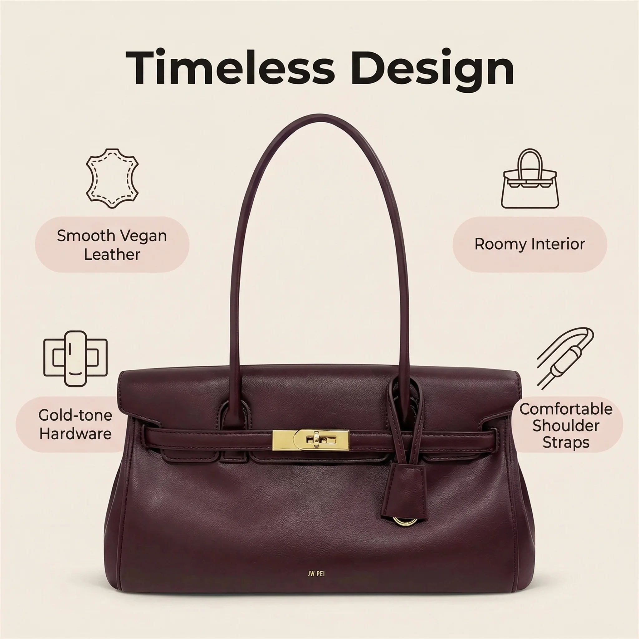 JW PEI Yara Underarm Bag Women's Trendy Lock Buckle Soft Leather Handbag, Large Capacity Breadstick Bag Small Design Crossbody