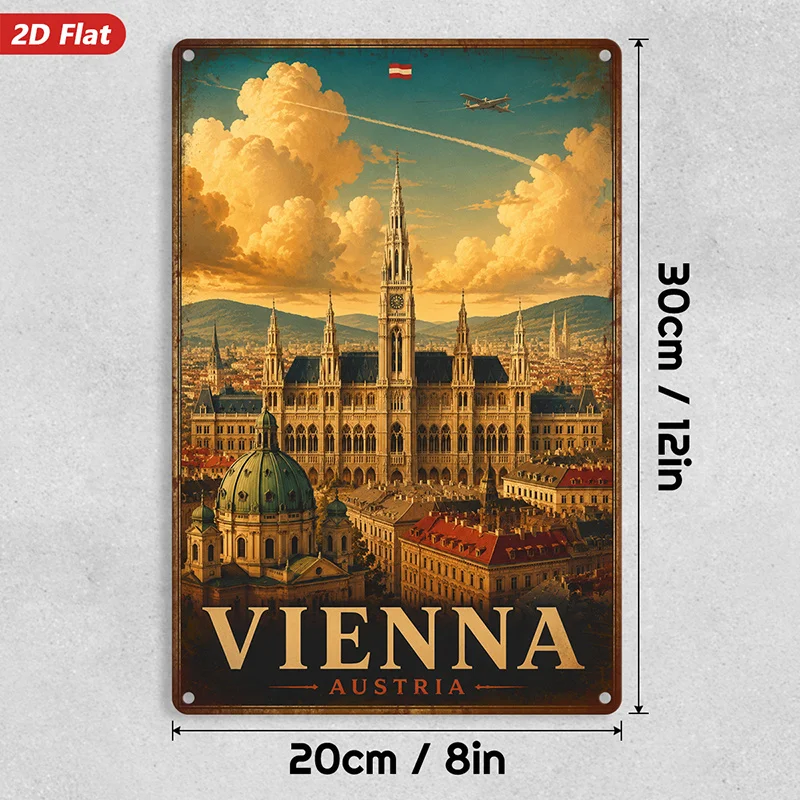 2D Flat, 1pc Vienna Travel Poster Metal Sign Wall Art, Vienna Austria Text, Grand Gothic Landmark,