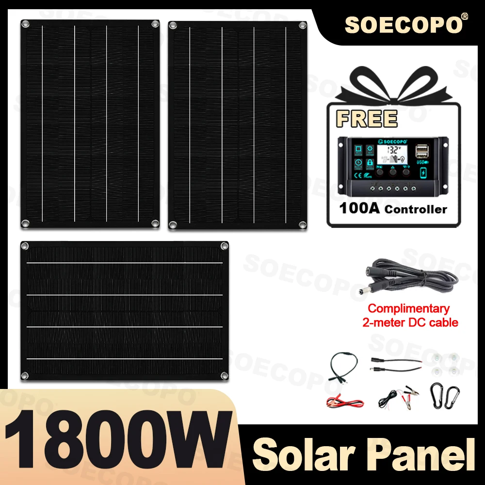 

SOECOPO 1800W Portable Solar Panel Kit 3 * 600W Solar Panels Free 100A Controller Dual USB 5V for Camping Equipment Power Supply