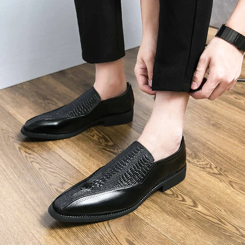 High Quality Loafers Shoes for Men PU Embossed Low Heel Business Formal Shoes Comfortable Non Slip Men Shoes Size 38-46