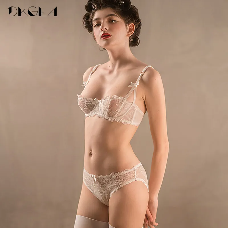 Ultracienki zestaw bielizny Plus Size 34 36 38 E Cup Sexy Bras Lingerie Lace Women Transparent Bra Set Pink Brasier Half Cup White