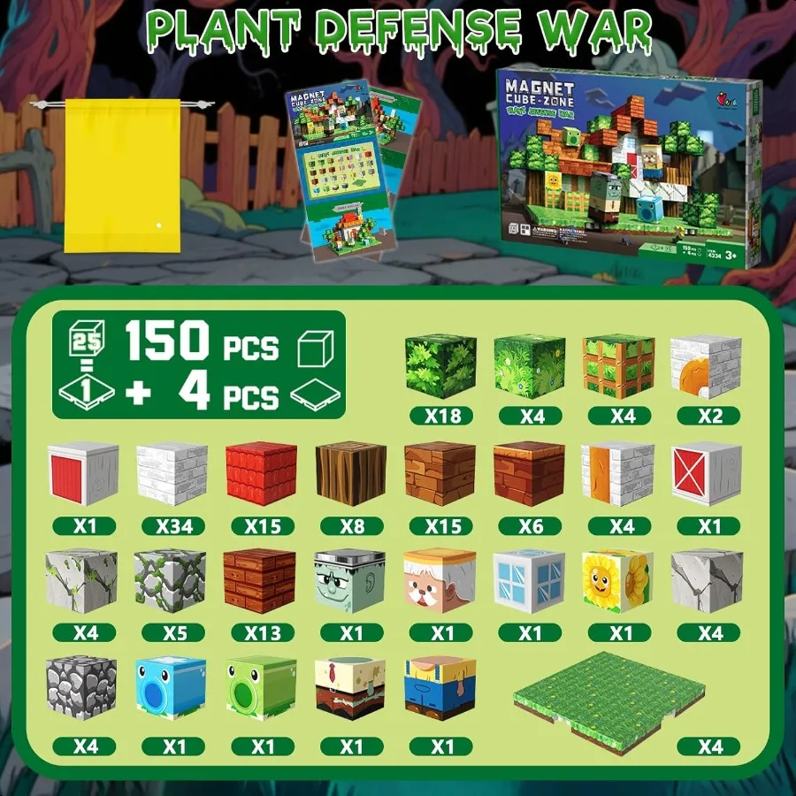150 PCS 자기 블록 자기 빌딩 블록 큐브 4개의 확장 가능한 자석 베이스 플레이트 포함 Magne로 창의적인 애니메이션 세계 만들기