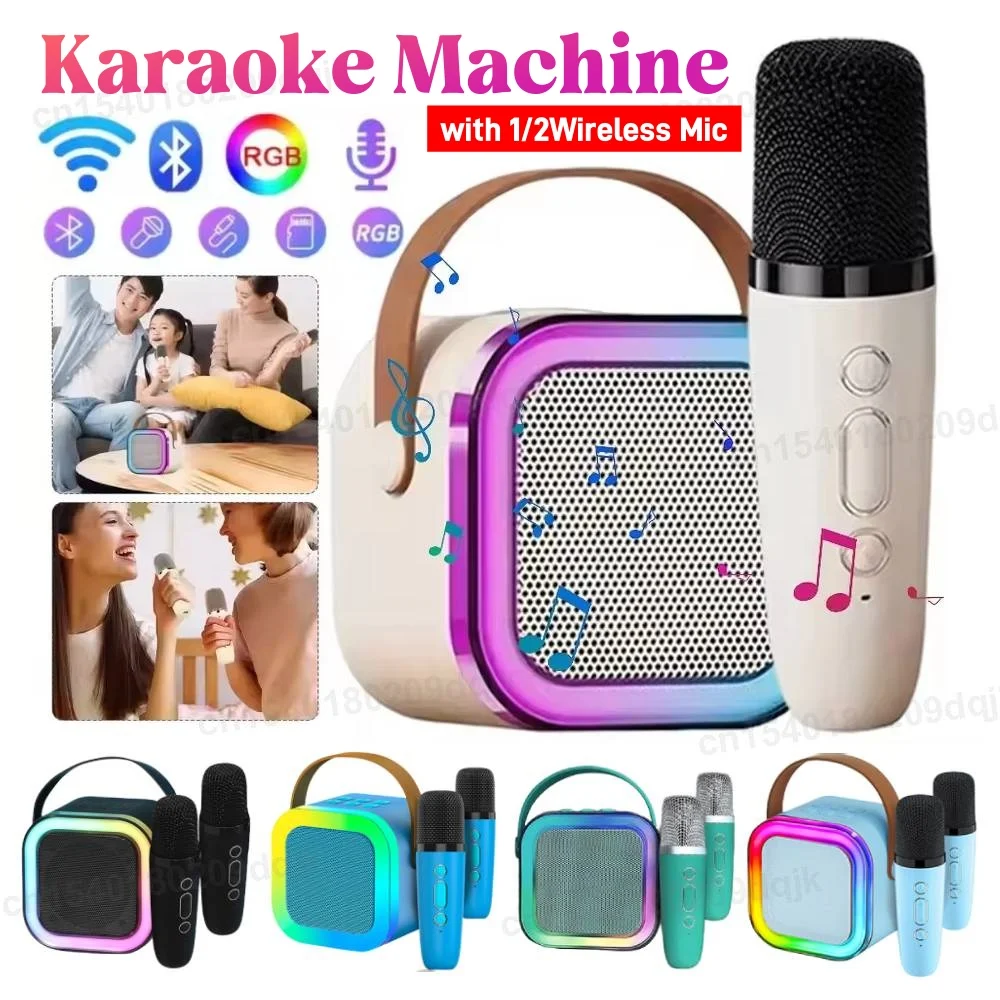 Portable Karaoke Bluetooth 5.3 Speaker Machine PA System with 1/2 Wireless Microphones Home Family Singing Children's Gifts