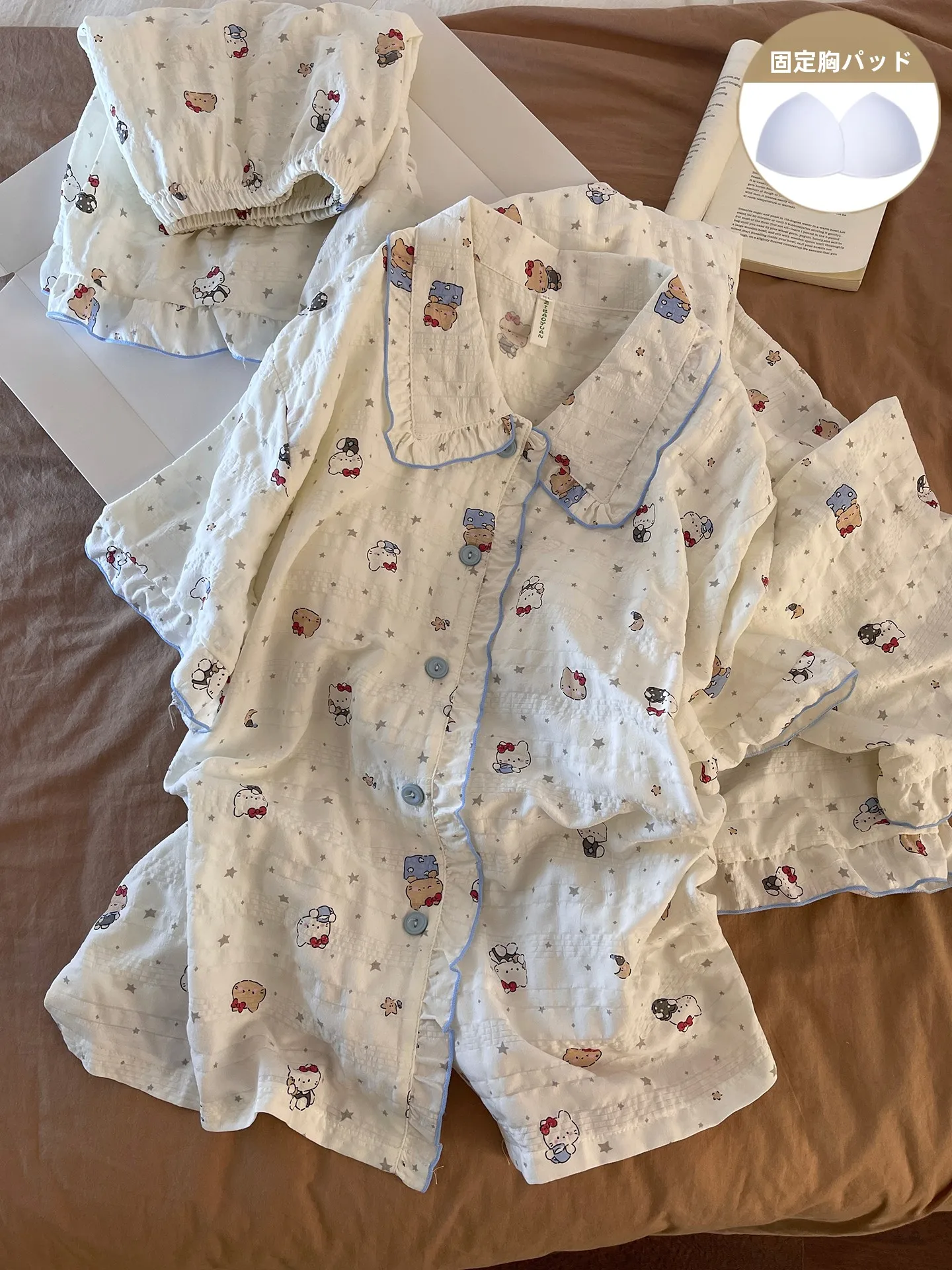 かわいい夏の寝間着セット女性のホーム服半袖胸パッド付きレース韓国猫オープンカーディガン-3-点セット