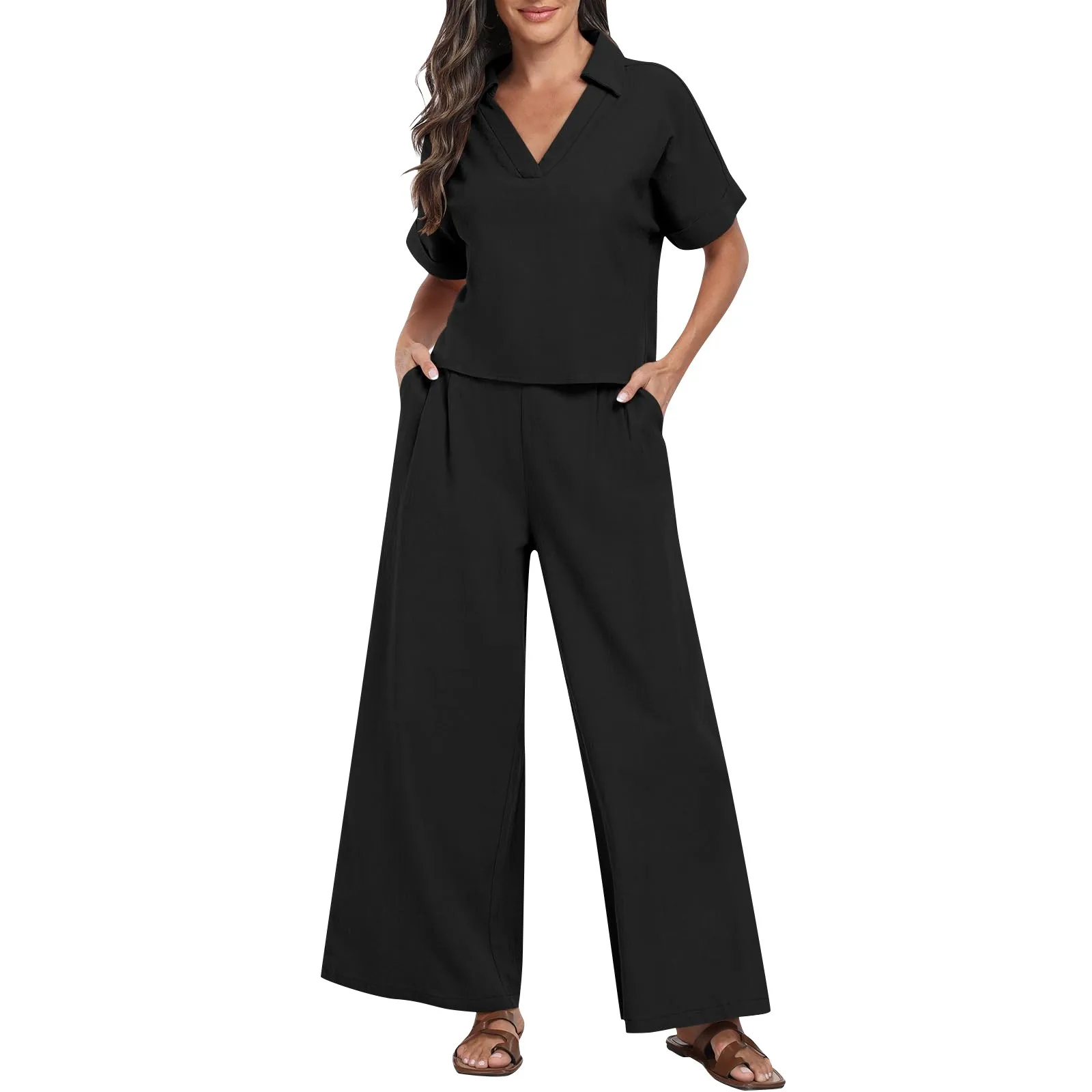 Ladies’ Solid Color Retro Basics Casual Commuting Short Sleeve V-Neck Top And Straight Long Pants Matching Set With Pockets