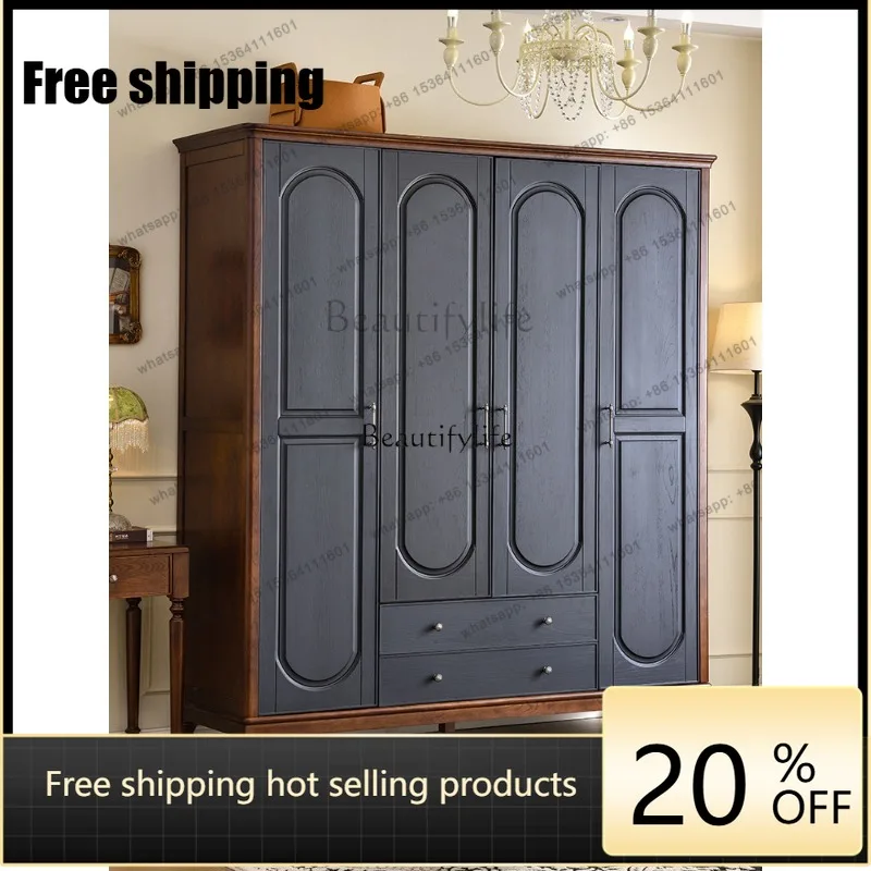 JJ American French retro all solid wood large wardrobe modern simple bedroom wardrobe locker
