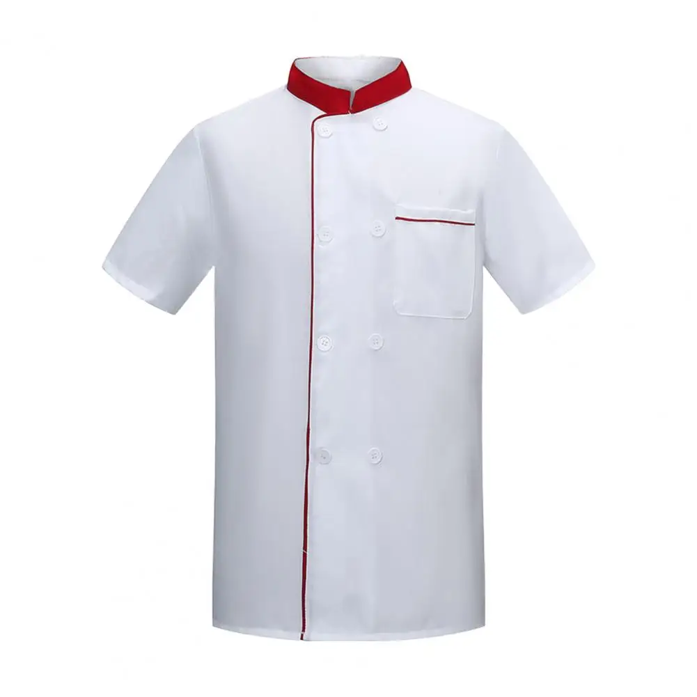 Zomer Chef-Kok Uniform Double-Breasted Korte Mouw Unisex Opstaande Kraag Ademende Keuken Bakkerij Restaurant Kantine Ober Top