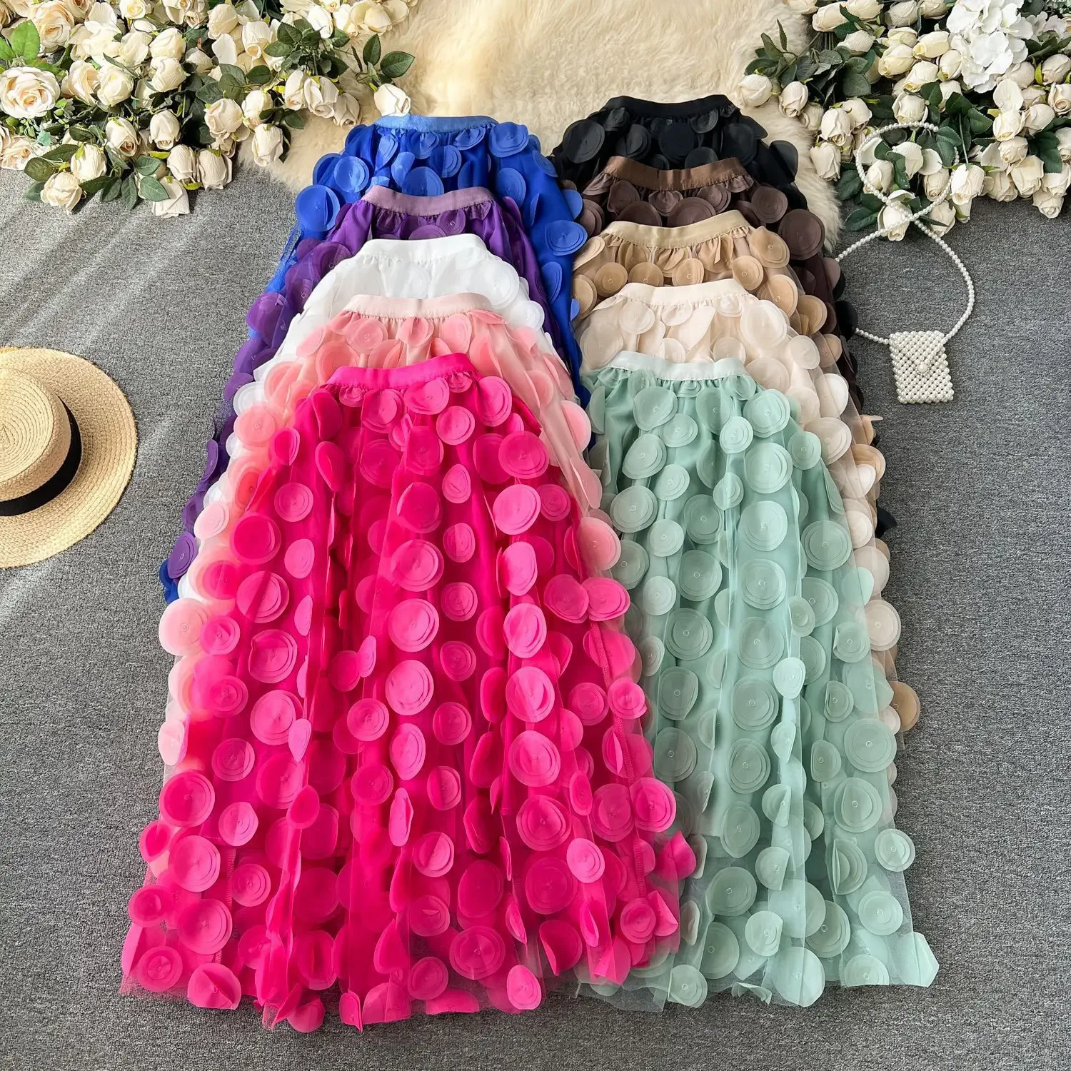 Yellow 3D Polka Dot Elegant Long Tulle Skirts Womens 2026 Summer Spring Fashion A-Line High Waisted Elastic Midi Mesh Skirt Tutu