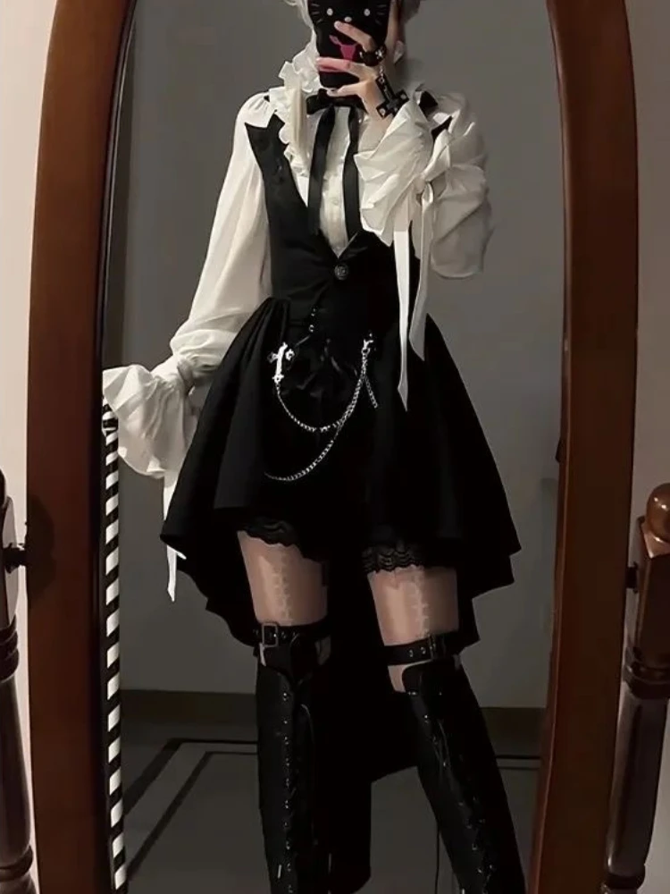 

Japanses Lolita 3 Piece Sets Women Flare Sleeve Blouses + High Waist Lace Shorts + Irregular Vest Y2k Aesthetic Outfits 2000s