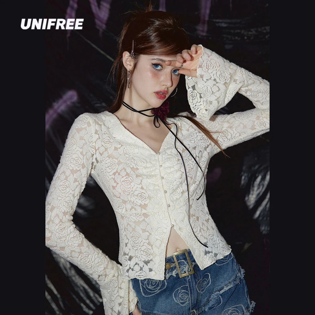 

UNIFREE Temperament V-neck Women's T-shirt Long Sleeve Blouses Women Chic Lace Crochet Elegant Shirt Korean Sexy Crop Tops