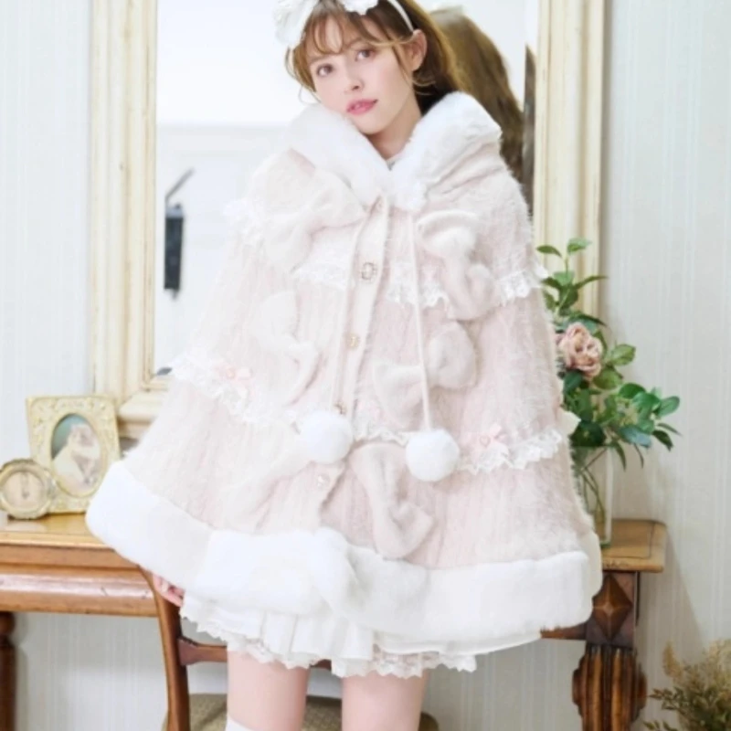 ليز كيبس العباءات 2025 جديد الفتيات النساء اليابانية الحلو لوليتا لطيف القوس الكبير لينة الدافئة متماسكة مقنعين عباءة الأميرة الشاي حفلة الرأس #2